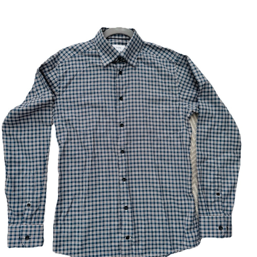 Eton Navy Plaid Button Down Cotton Shirt Fine Twill Slim Fit 39 / 15.5 (Fits S)